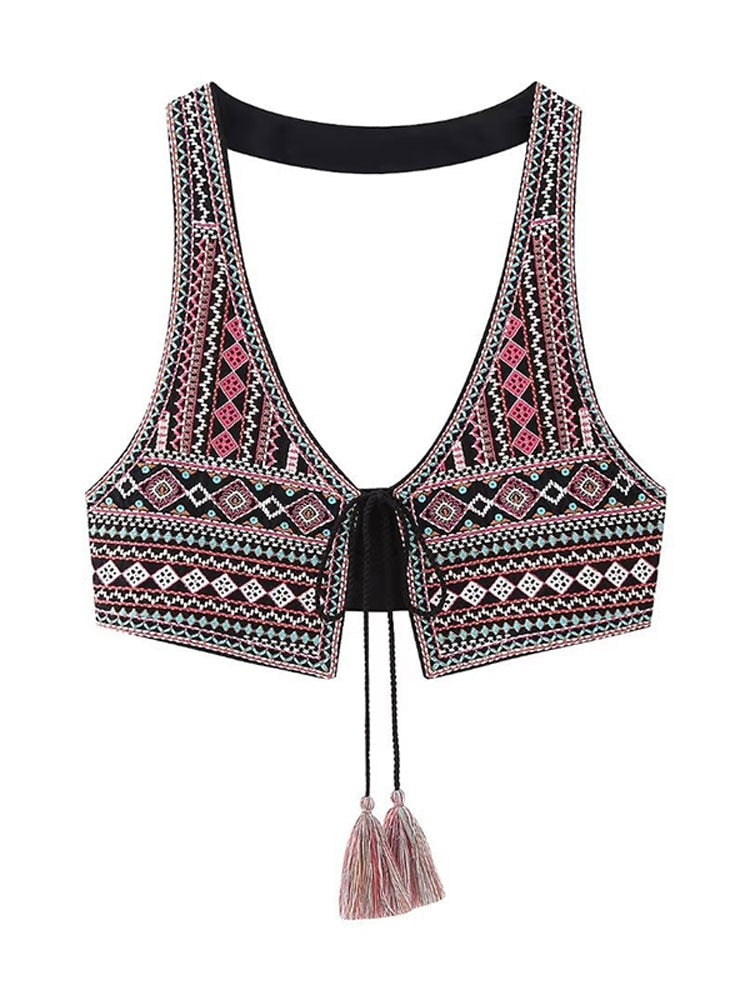 Vintage Embroidery Tassel Lace Up Vest For Women