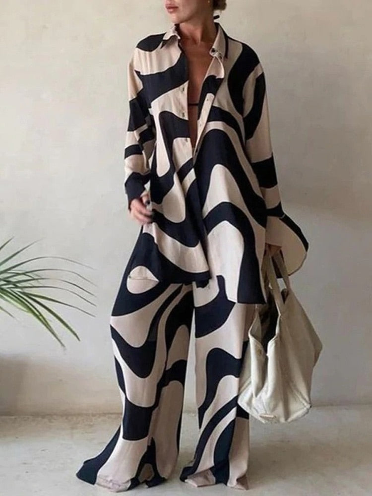 Printed Long Sleeve Shirt and Loose Pants- Two Piece Set