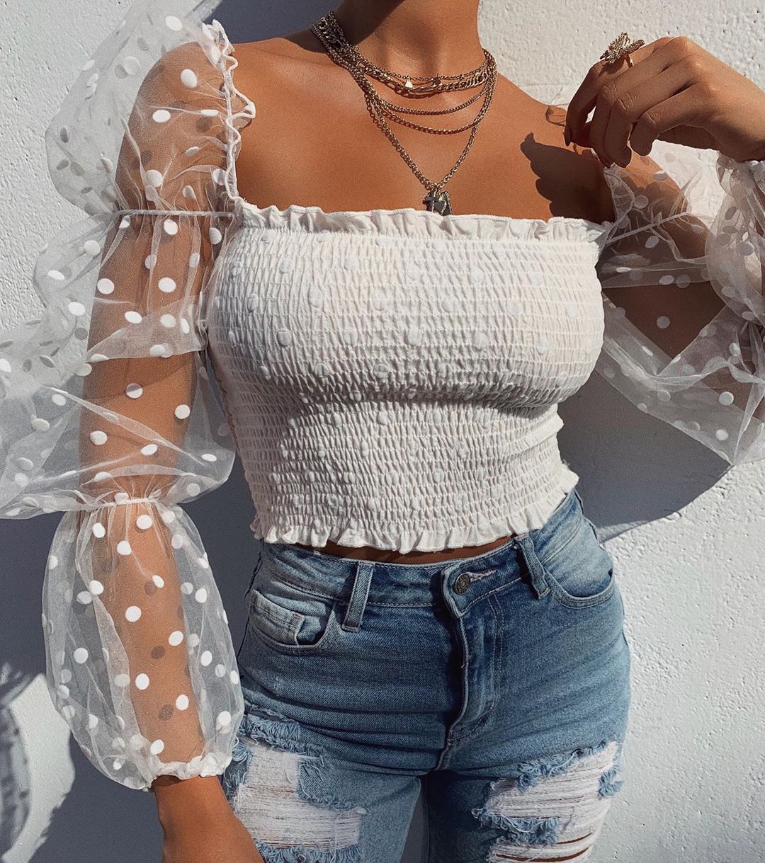 See-through Long Sleeve Crop Top for Women