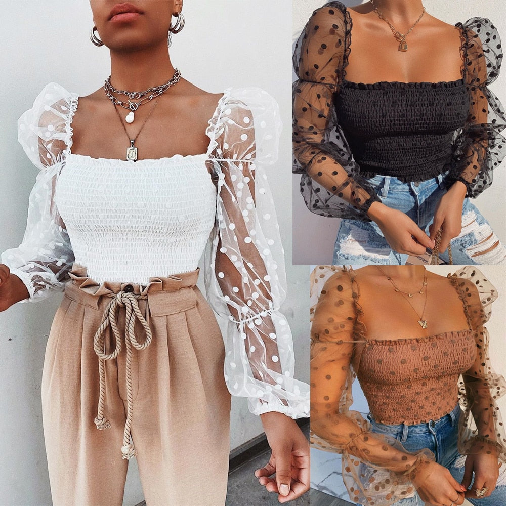 See-through Long Sleeve Crop Top for Women