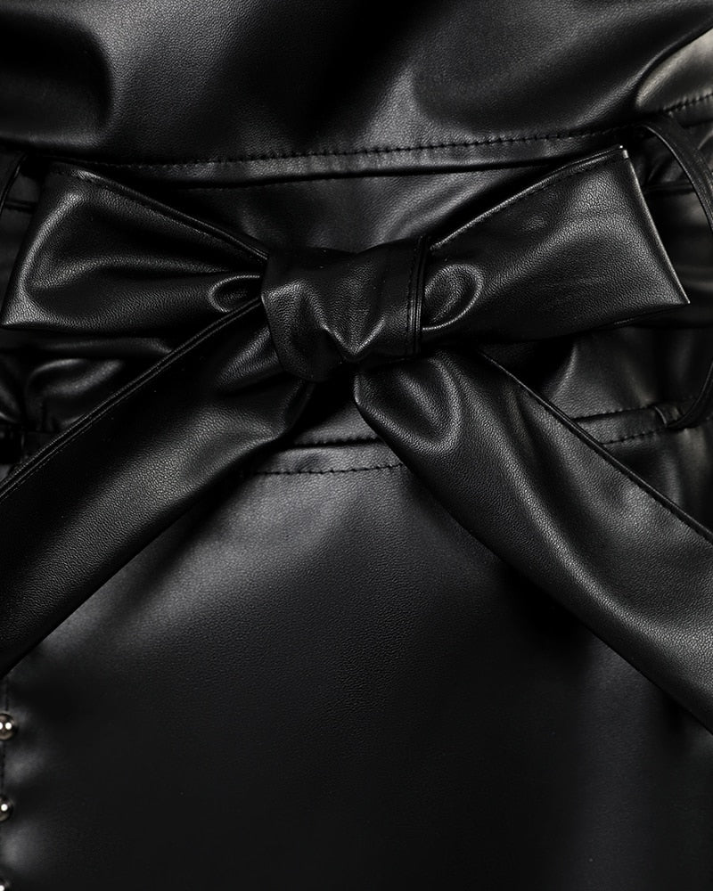 PU Leather Split Hem Tied Mini Bodycon Dress