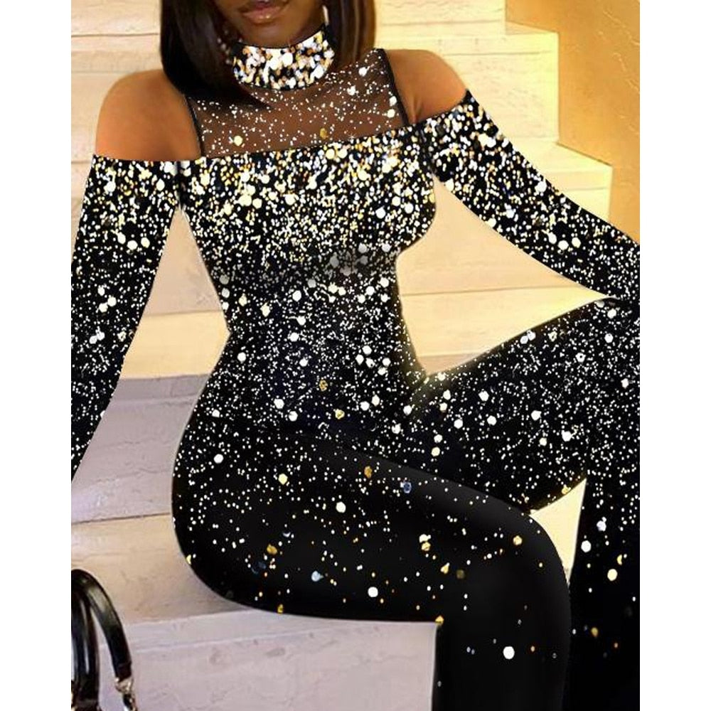 Elegant Mesh Cold Shoulder Flared Leg Jumpsuit