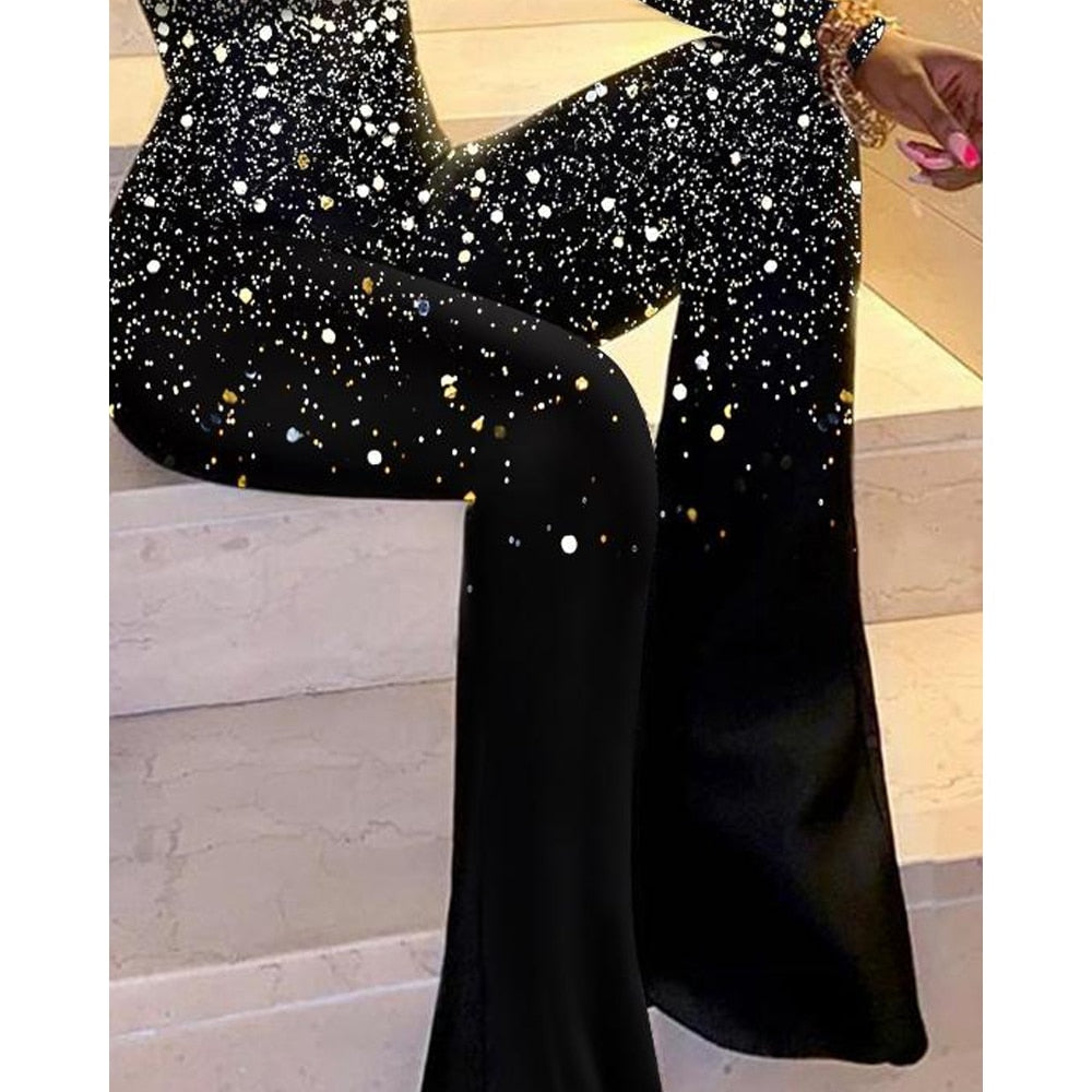 Elegant Mesh Cold Shoulder Flared Leg Jumpsuit