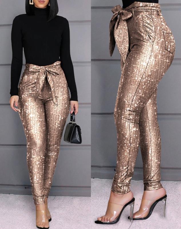 High Waist Tied Detail Fashion Sequins Casual Skinny Pants with Belt