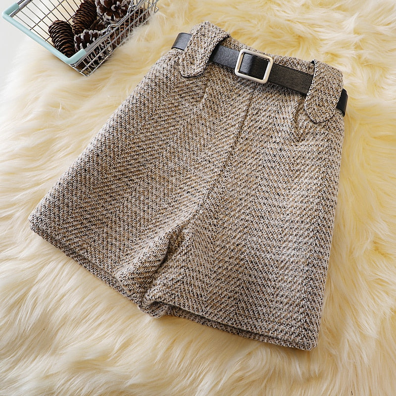 High Waisted Woolen Short with Belt for Women