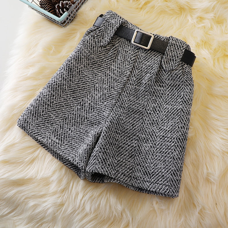 High Waisted Woolen Short with Belt for Women