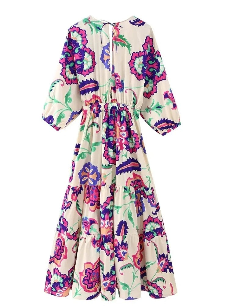 Vintage V Neck Paisley Flower Print Dress