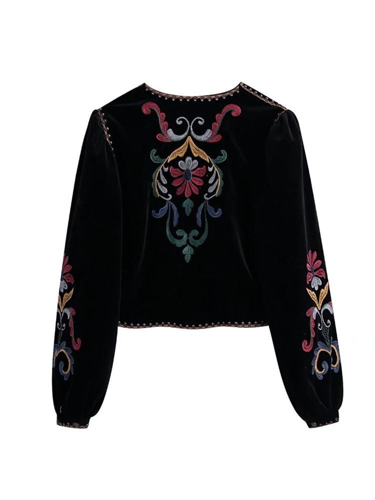 Vintage Flower Embroidery Top for Women