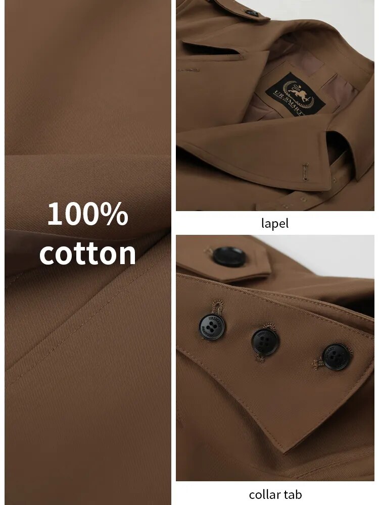 Cotton trench coat for men with double breasted British fashion coffee men's down jacket