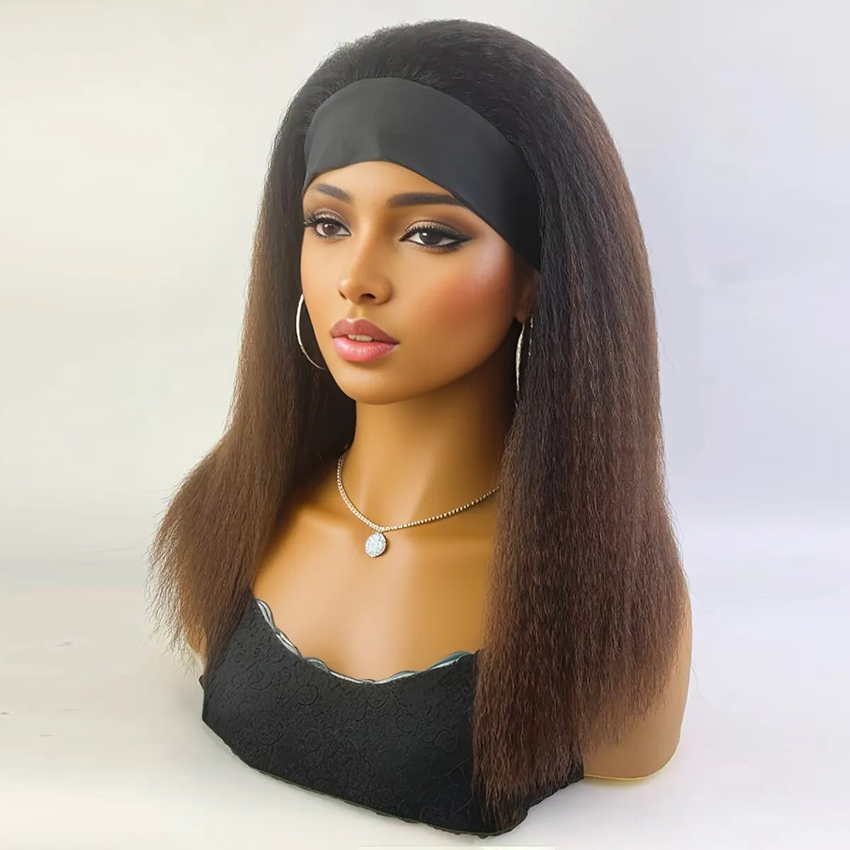 Straight Headband Wig Natural Black Medium Length Wig Afro Kinky Free Part