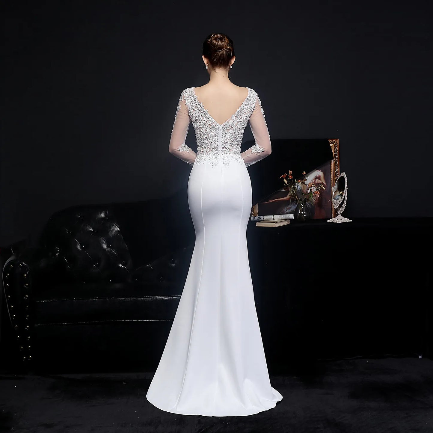 White Long Dress V-neck Appliques Full Sleeve Evening Dress See through