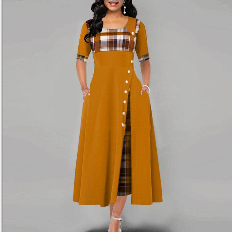 Fashion Half Sleeve Plaid Print Button Detail Maxi Dress