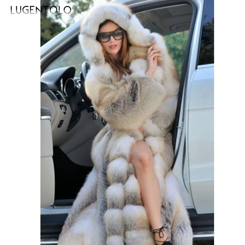 Women Long Faux Fur Coat Thicked Hooded Luxury Jacket