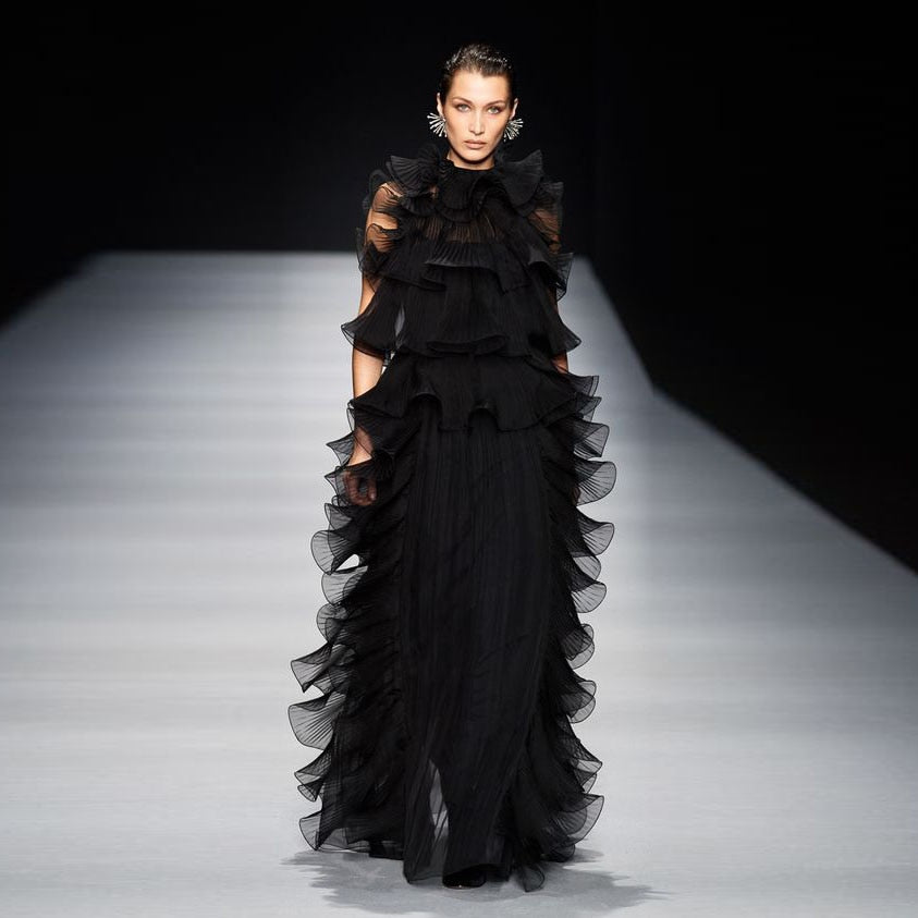 New Trend Black Fluffy Tiered Long Women Dress To Party Straight Layered