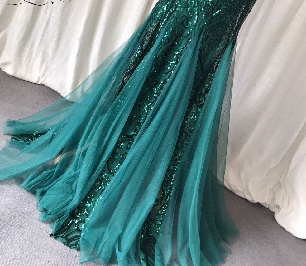 One Shoulder Emerald Green Long Lace Evening Dress