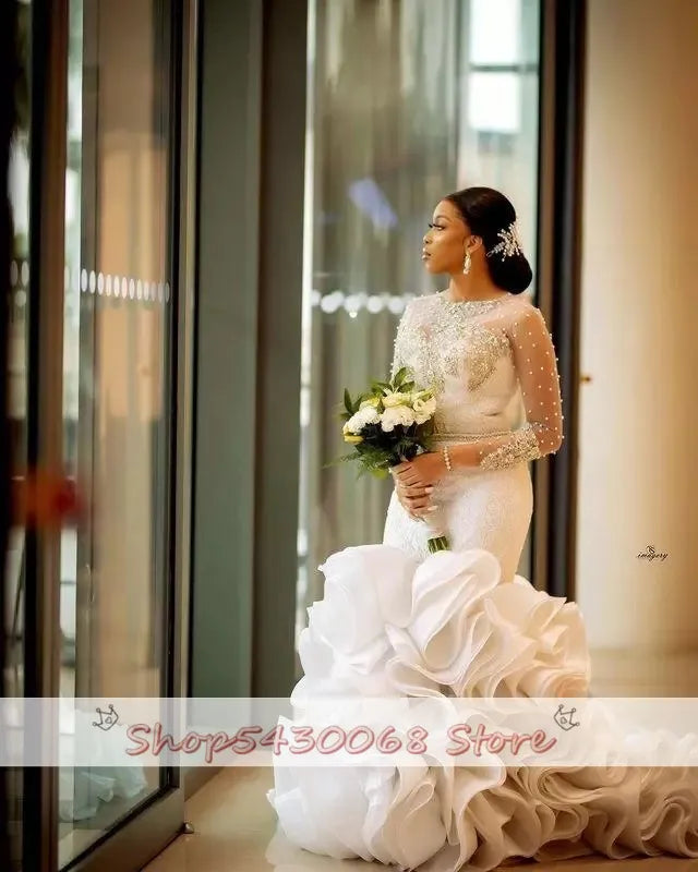 Luxury Tiered Skirts Mermaid Wedding Dresses Chic Long Sleeve Pearls Long Train O Neck Bridal