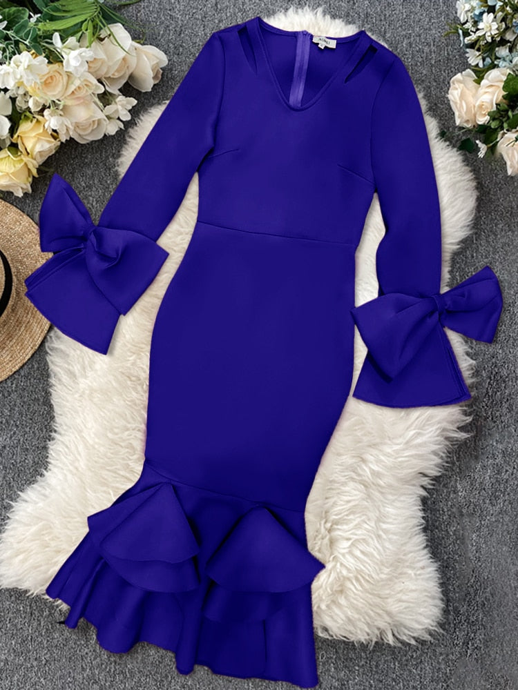 Women Bodycon Party Dress Long Flare Sleeves