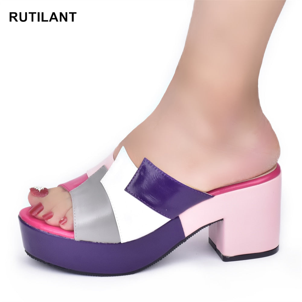 Italian Lady Shoes Slippers Sandals Platform Multicolor Design
