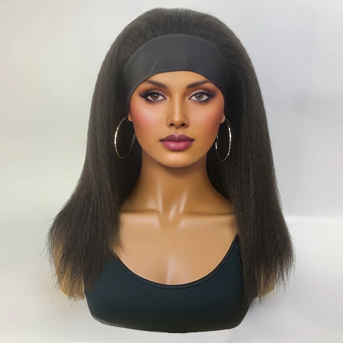 Straight Headband Wig Natural Black Medium Length Wig Afro Kinky Free Part