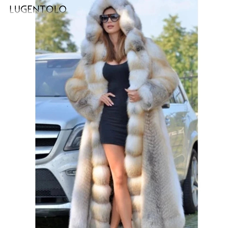 Women Long Faux Fur Coat Thicked Hooded Luxury Jacket