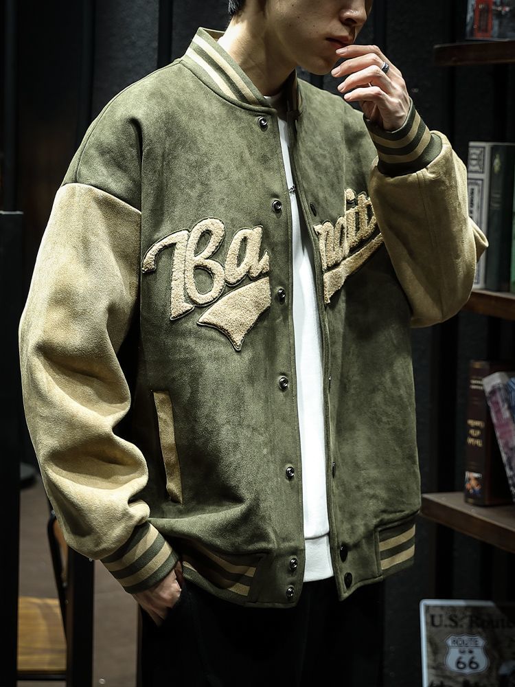 Spring and autumn base ball retro green bomber jacket embroidery trend couple