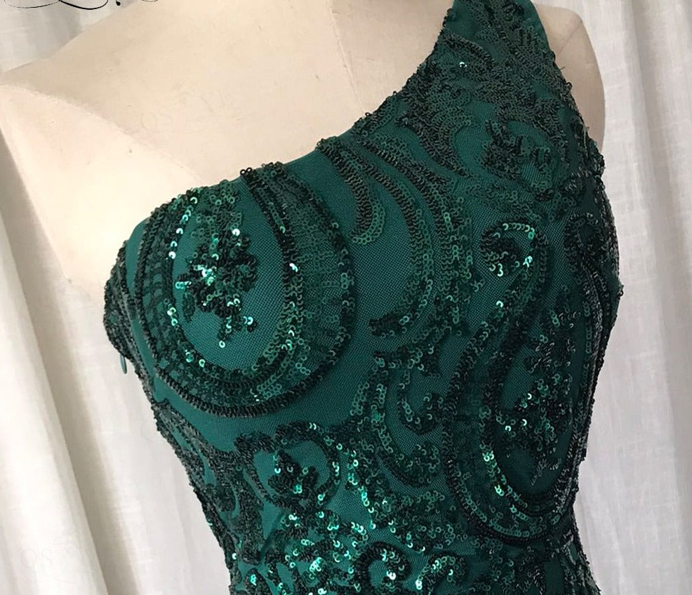 One Shoulder Emerald Green Long Lace Evening Dress