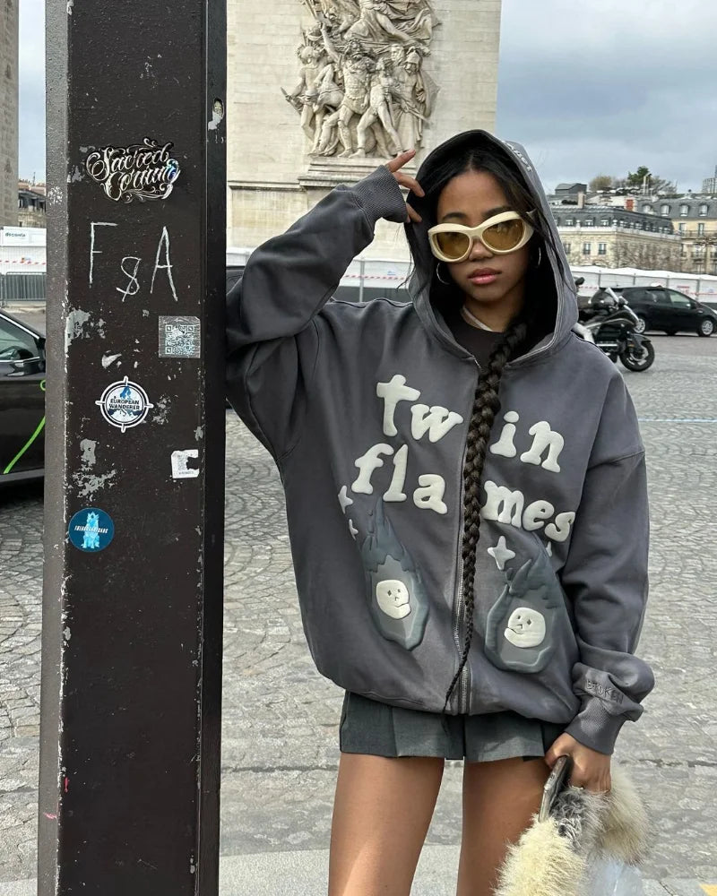 Y2k puffed printed font oversized hoodie