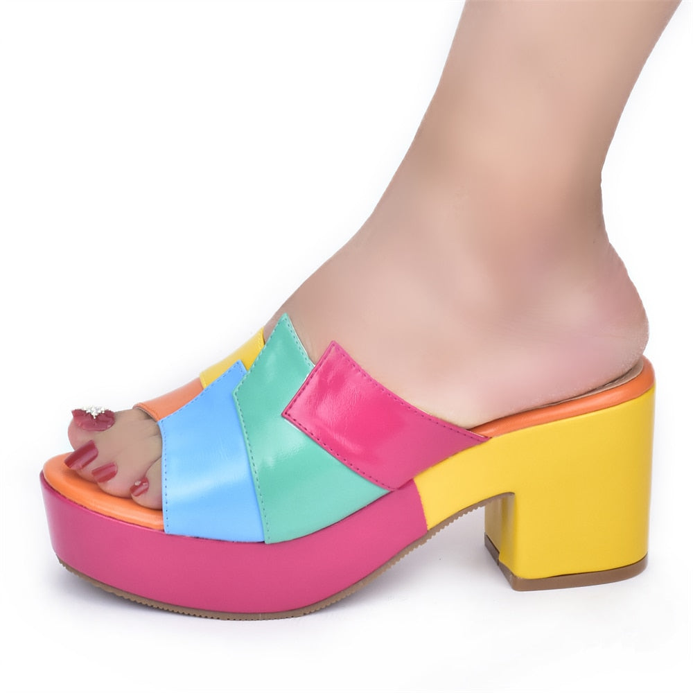 Italian Lady Shoes Slippers Sandals Platform Multicolor Design