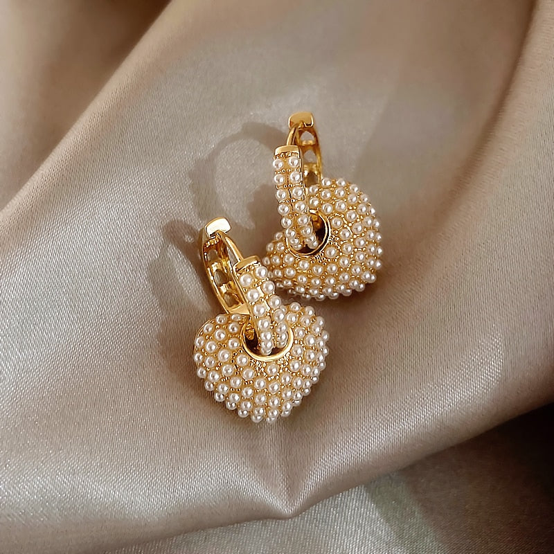 Sweet Pearl Peach Heart Love Dangle Earrings For Woman