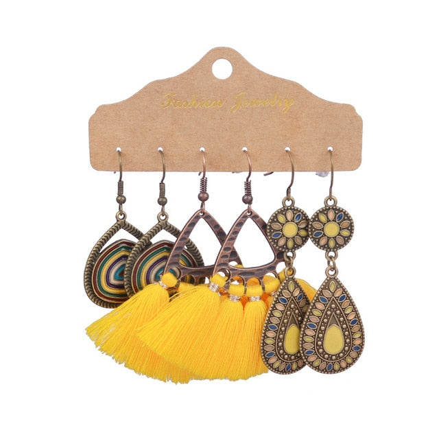 Boho Ethnic Feather Flower Vintage Earrings Set For Women