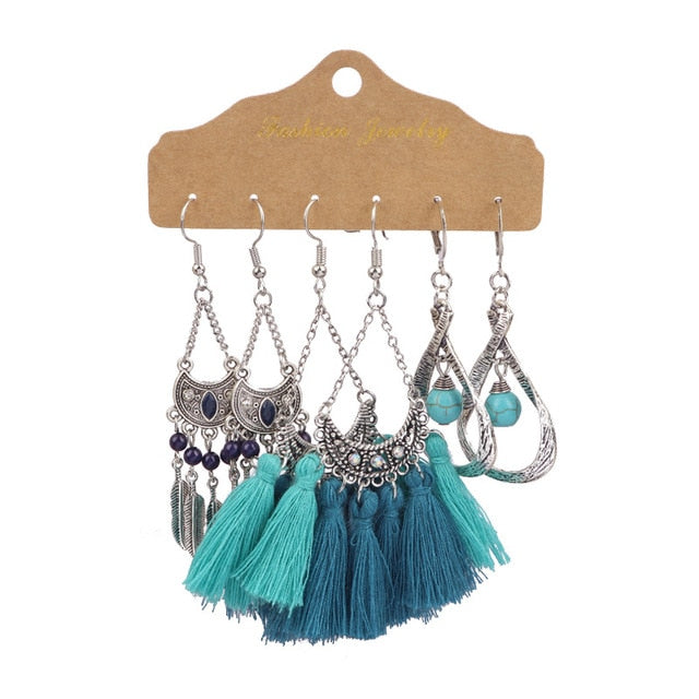 Boho Ethnic Feather Flower Vintage Earrings Set For Women