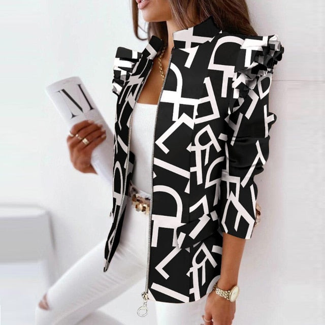 Elegant Long Sleeve Ruffle Plaid Print Zipper Top Jacket Coat
