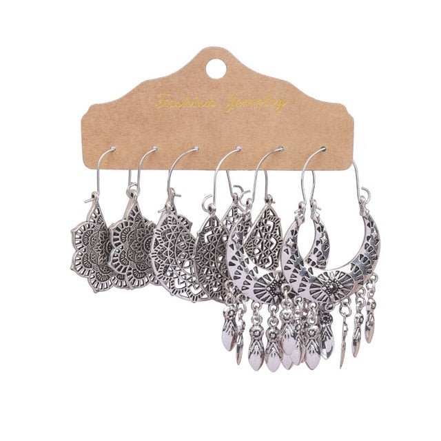 Boho Ethnic Feather Flower Vintage Earrings Set For Women