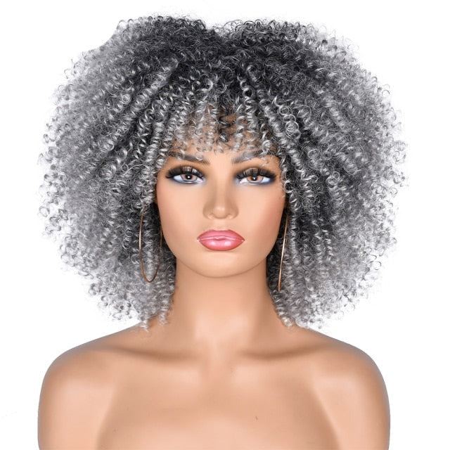 Short Hair Afro Kinky Curly Synthetic Wigs With Bangs