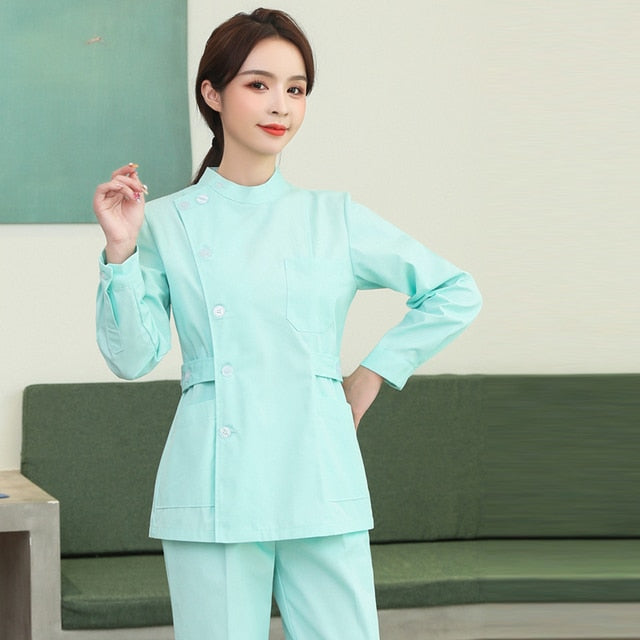 Long Sleeve Round Neck Medical Uniform 7 Buttons Set