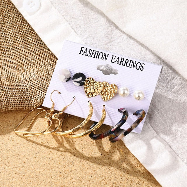 Gold Color Geometric Round Earrings Set For Women