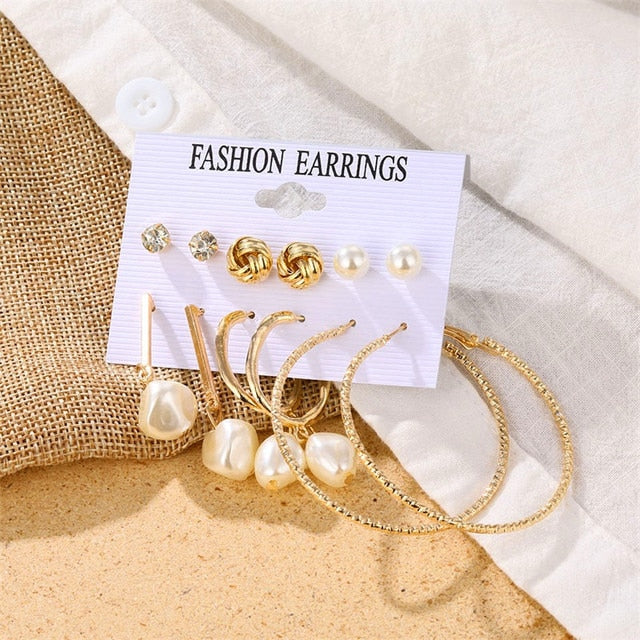 Gold Color Geometric Round Earrings Set For Women