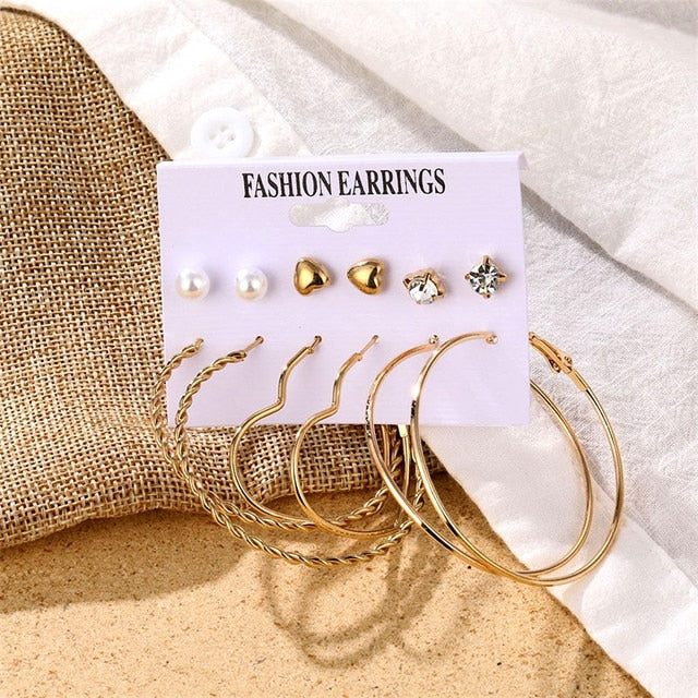 Gold Color Geometric Round Earrings Set For Women