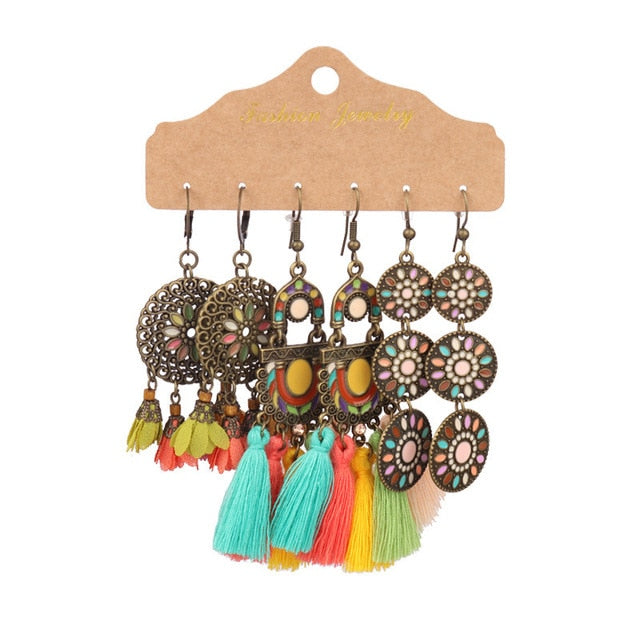 Boho Ethnic Feather Flower Vintage Earrings Set For Women