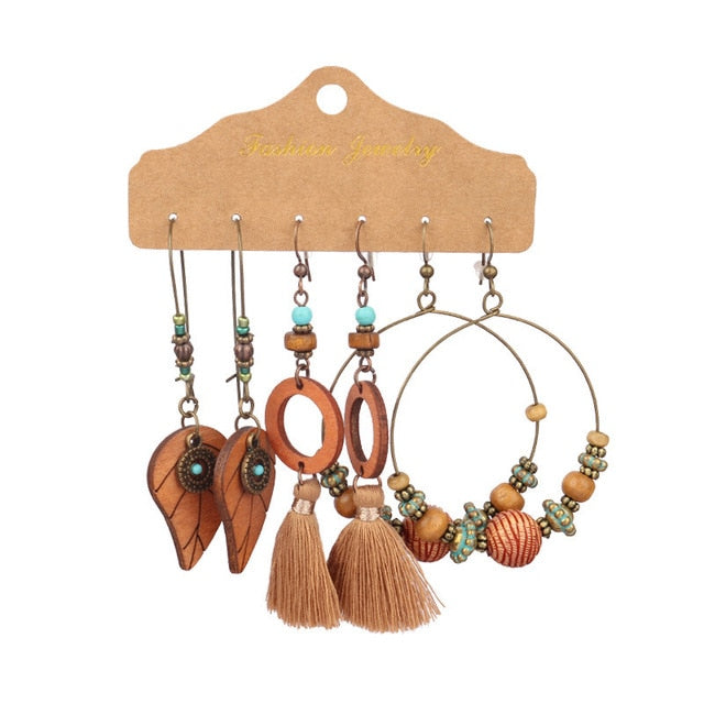 Boho Ethnic Feather Flower Vintage Earrings Set For Women