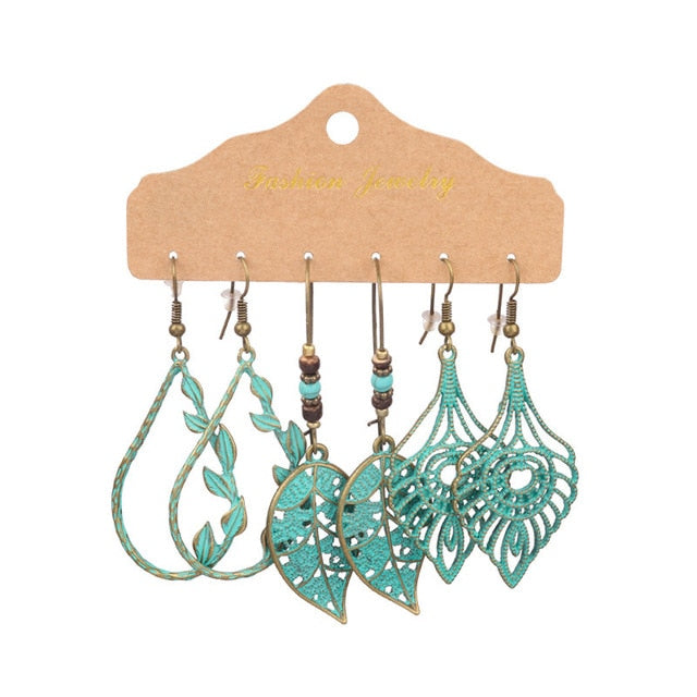 Boho Ethnic Feather Flower Vintage Earrings Set For Women