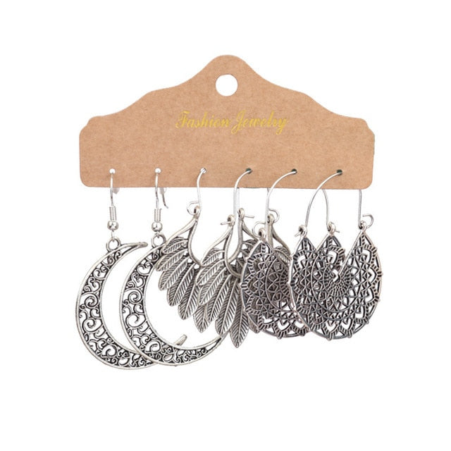 Boho Ethnic Feather Flower Vintage Earrings Set For Women