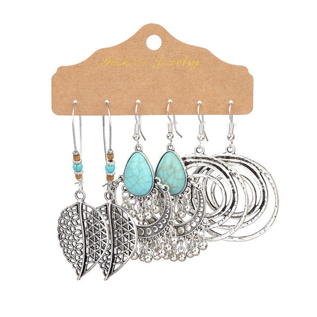 Boho Ethnic Feather Flower Vintage Earrings Set For Women