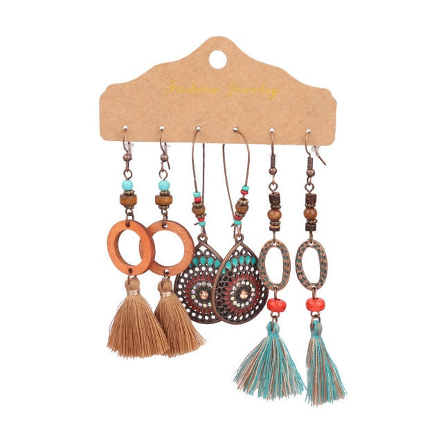 Boho Ethnic Feather Flower Vintage Earrings Set For Women