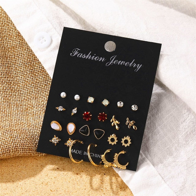 Gold Color Geometric Round Earrings Set For Women