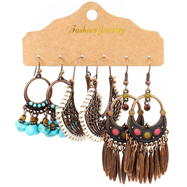 Boho Ethnic Feather Flower Vintage Earrings Set For Women