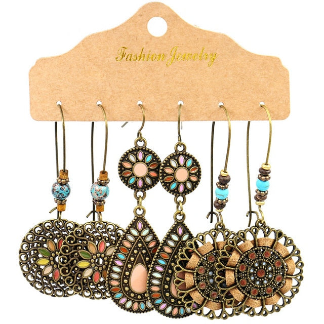 Boho Ethnic Feather Flower Vintage Earrings Set For Women