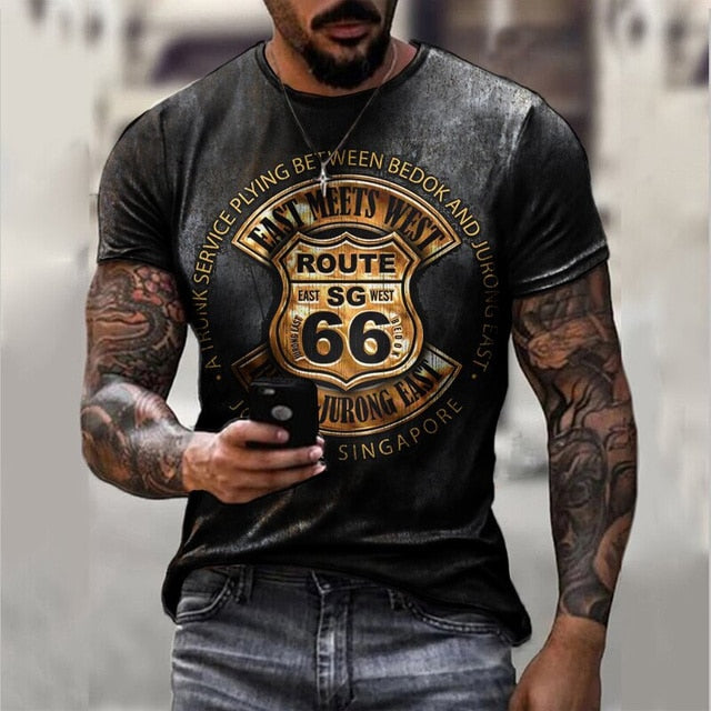 vintage Oversized America Route 66 Letters Printed O Collared T-Shirt