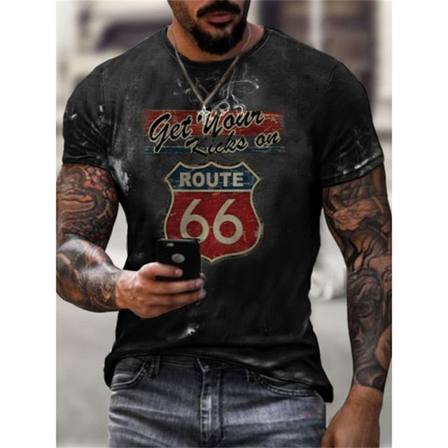 vintage Oversized America Route 66 Letters Printed O Collared T-Shirt