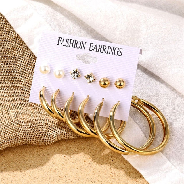 Gold Color Geometric Round Earrings Set For Women
